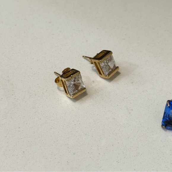Cubic Zirconia Rectangle Stud Gold Earrings - Picture 2 of 9